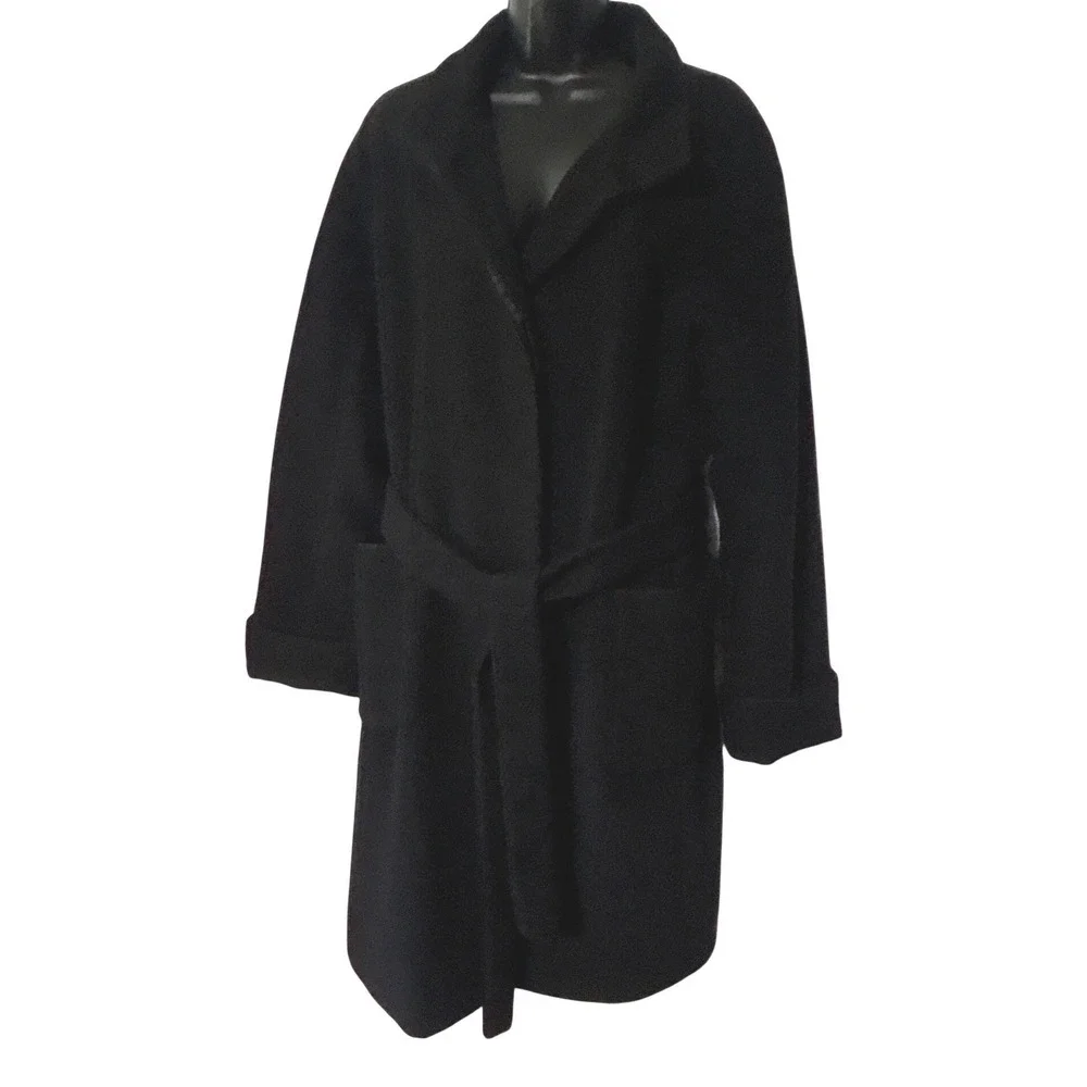 Katherine Kelly Black Alpaca Wool Blend Wrap Coat Shawl Collar Size 14 Womens